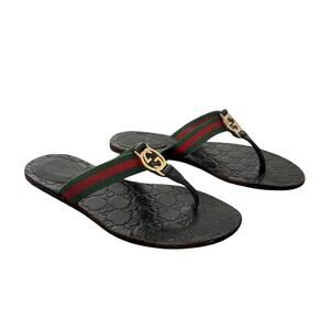 Gucci Interlocking GG Web Stripe Thong Sandals Black Leather EU 36.5 US 6.5